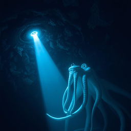 A gigantic deep sea creature, resembling a bioluminescent leviathan, is seen looking up towards a tiny flashlight beam piercing through a thick layer of icy water