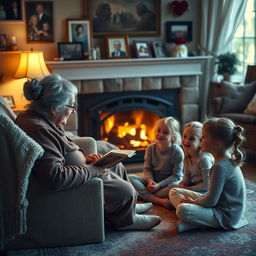 An elderly woman, with gray hair styled in a bun, sitting on a cozy armchair in a warmly lit living room while telling a story to her two young nieces, who are sitting cross-legged on the rug, listening intently with expressions of wonder