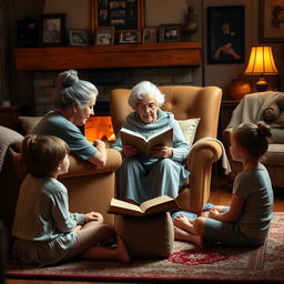 An elderly woman, with gray hair styled in a bun, sitting on a cozy armchair in a warmly lit living room while telling a story to her two young nieces, who are sitting cross-legged on the rug, listening intently with expressions of wonder