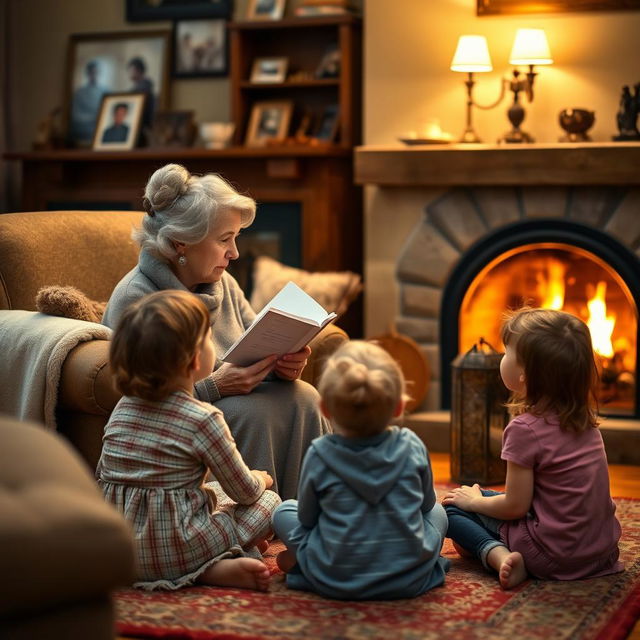 An elderly woman, with gray hair styled in a bun, sitting on a cozy armchair in a warmly lit living room while telling a story to her two young nieces, who are sitting cross-legged on the rug, listening intently with expressions of wonder