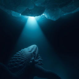 A dark, atmospheric underwater scene featuring a gigantic deep sea monster with intricate textures and bioluminescent features, gazing up towards a small, bright light filtering through a thick layer of ice above
