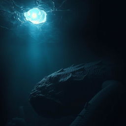 A dark, atmospheric underwater scene featuring a gigantic deep sea monster with intricate textures and bioluminescent features, gazing up towards a small, bright light filtering through a thick layer of ice above