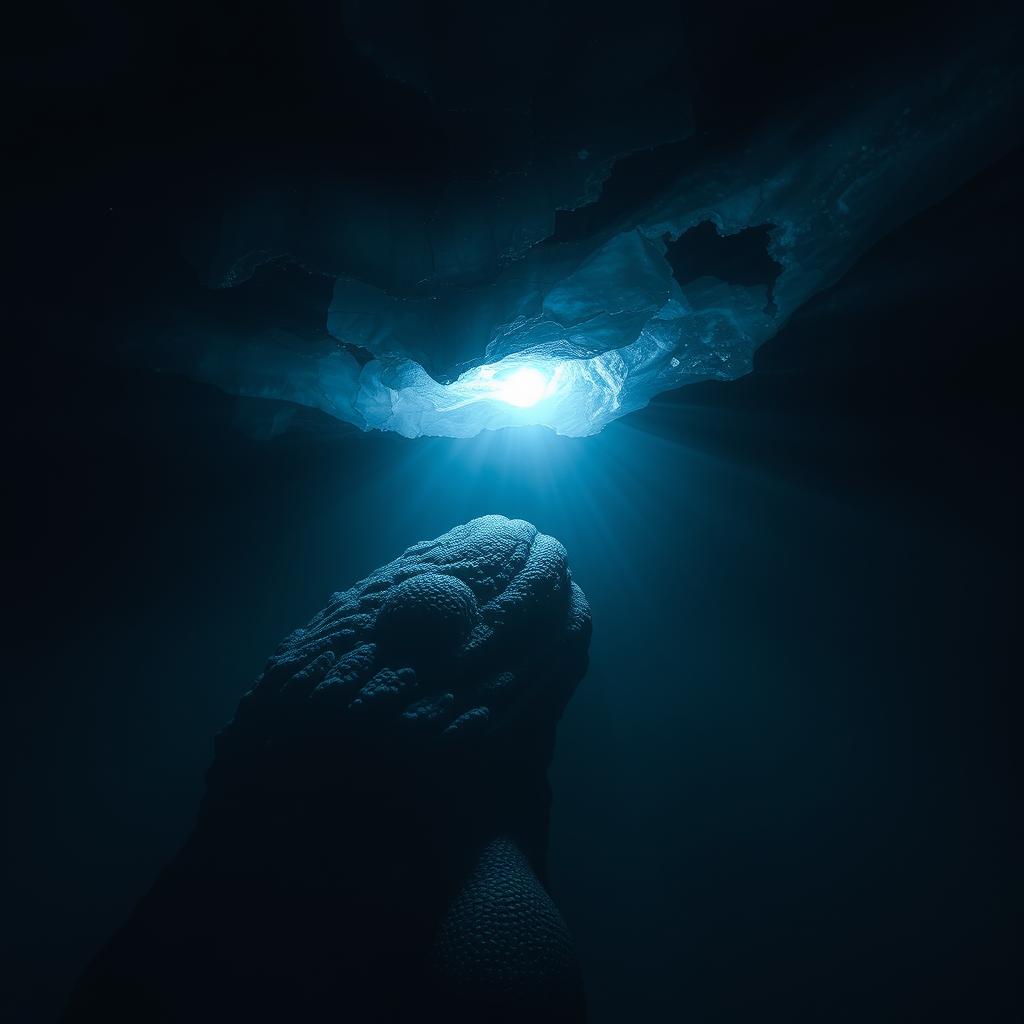 A dark, atmospheric underwater scene featuring a gigantic deep sea monster with intricate textures and bioluminescent features, gazing up towards a small, bright light filtering through a thick layer of ice above