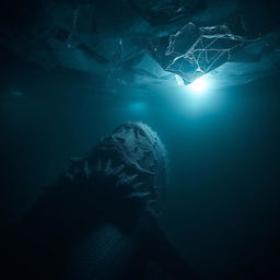 A dark, atmospheric underwater scene featuring a gigantic deep sea monster with intricate textures and bioluminescent features, gazing up towards a small, bright light filtering through a thick layer of ice above