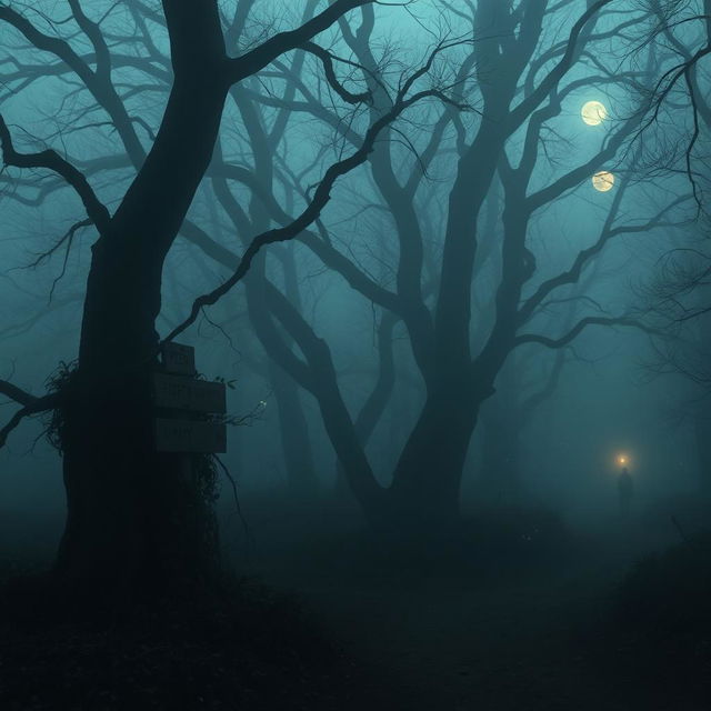 A mysterious, fog-covered forest path at twilight, surrounded by towering trees with twisted branches