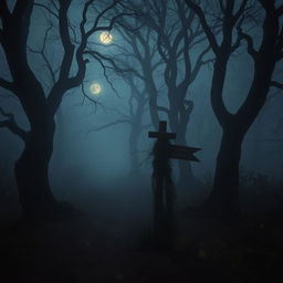 A mysterious, fog-covered forest path at twilight, surrounded by towering trees with twisted branches