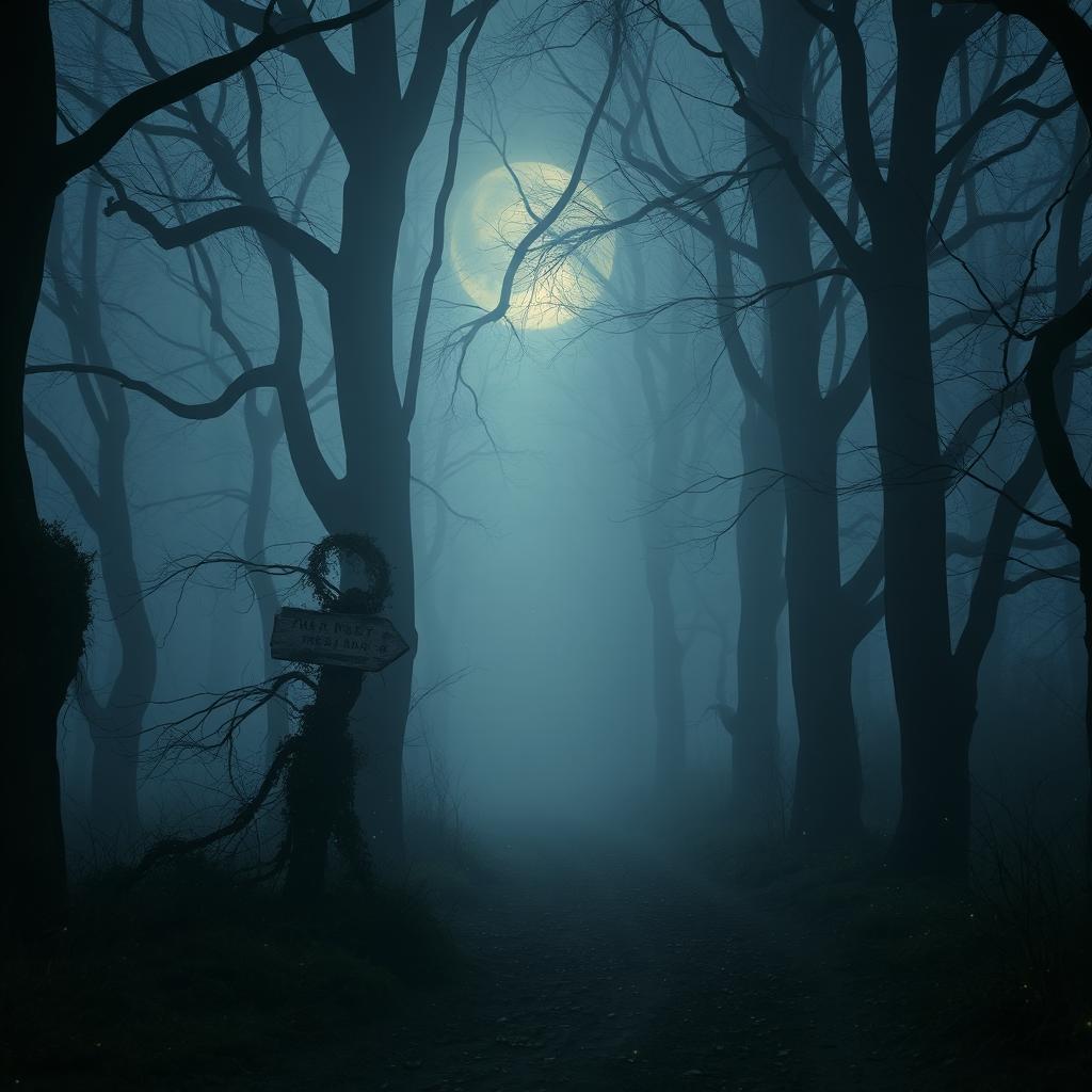 A mysterious, fog-covered forest path at twilight, surrounded by towering trees with twisted branches