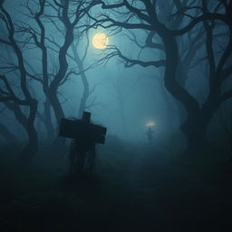 A mysterious, fog-covered forest path at twilight, surrounded by towering trees with twisted branches