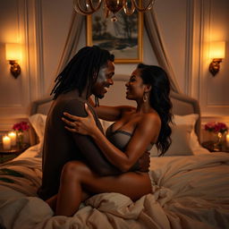 A passionate and intimate scene between two adults in a beautifully decorated bedroom