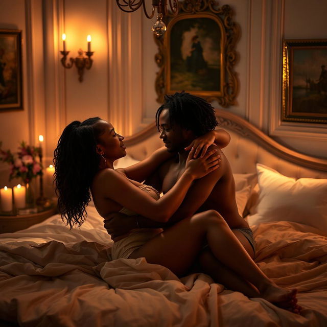 A passionate and intimate scene between two adults in a beautifully decorated bedroom