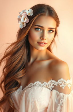 A stunning portrait of a beautiful woman with long flowing hair adorned with delicate flowers, set against a soft pastel-colored background
