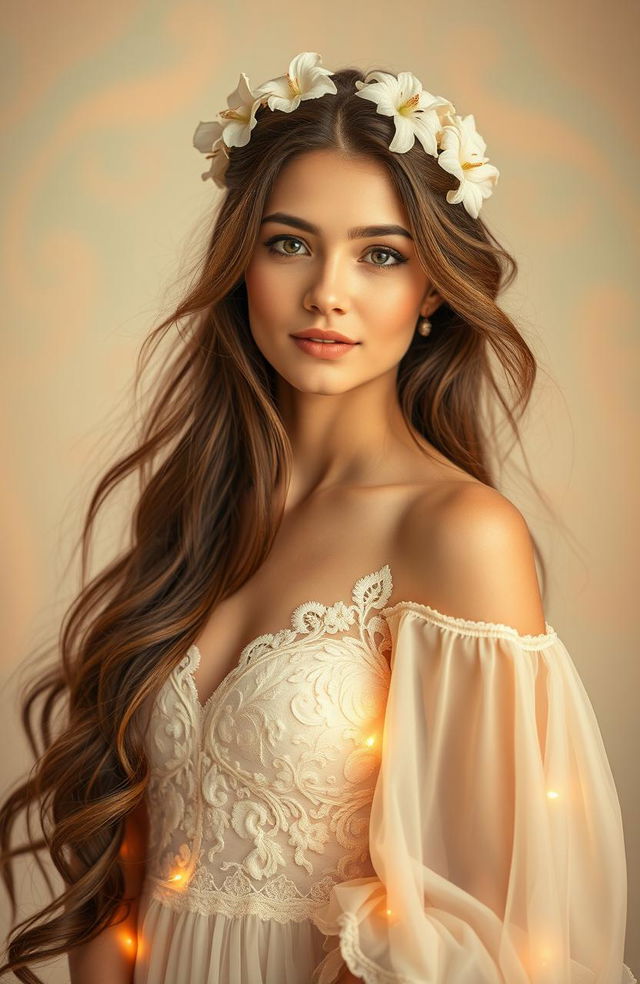 A stunning portrait of a beautiful woman with long flowing hair adorned with delicate flowers, set against a soft pastel-colored background