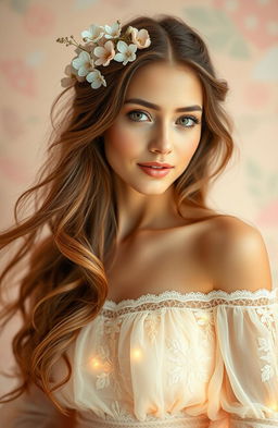 A stunning portrait of a beautiful woman with long flowing hair adorned with delicate flowers, set against a soft pastel-colored background