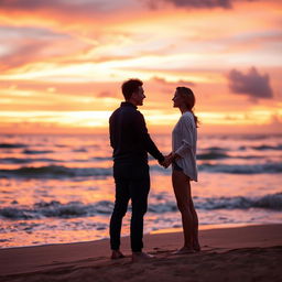 A romantic scene depicting a couple celebrating their love from a distance at a beautiful sunset on a beach