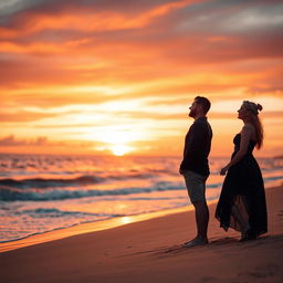 A romantic scene depicting a couple celebrating their love from a distance at a beautiful sunset on a beach