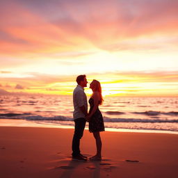 A romantic scene depicting a couple celebrating their love from a distance at a beautiful sunset on a beach