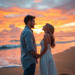 A romantic scene depicting a couple celebrating their love from a distance at a beautiful sunset on a beach