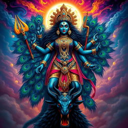 An impressive depiction of the Hindu goddess Kali, standing fiercely with vibrant peacock feathers surrounding her
