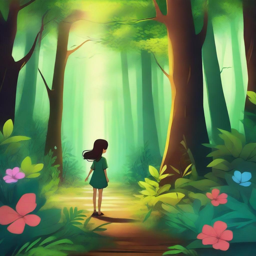 A high-quality digital art image showcasing a cute girl wandering in a lush, vibrant forest