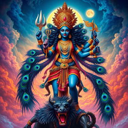 An impressive depiction of the Hindu goddess Kali, standing fiercely with vibrant peacock feathers surrounding her