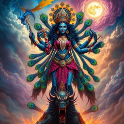 An impressive depiction of the Hindu goddess Kali, standing fiercely with vibrant peacock feathers surrounding her