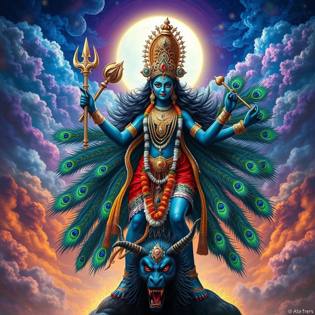 An impressive depiction of the Hindu goddess Kali, standing fiercely with vibrant peacock feathers surrounding her