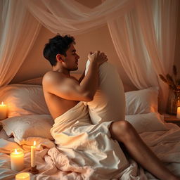An intimate scene depicting two adults in a cozy and romantic bedroom, softly lit by candles