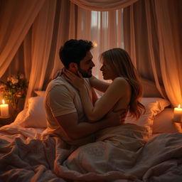 An intimate scene depicting two adults in a cozy and romantic bedroom, softly lit by candles