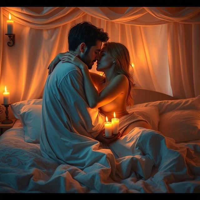 An intimate scene depicting two adults in a cozy and romantic bedroom, softly lit by candles