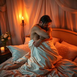 An intimate scene depicting two adults in a cozy and romantic bedroom, softly lit by candles