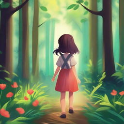 A high-quality digital art image showcasing a cute girl wandering in a lush, vibrant forest