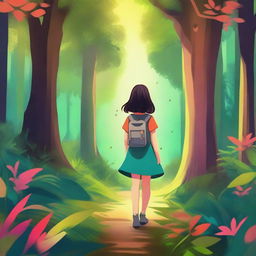 A high-quality digital art image showcasing a cute girl wandering in a lush, vibrant forest