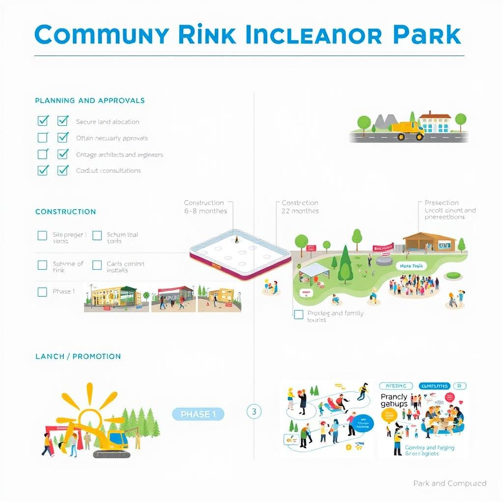 A detailed project timeline infographic illustrating a community skating rink and park development plan