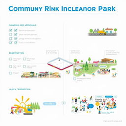 A detailed project timeline infographic illustrating a community skating rink and park development plan