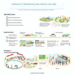 A detailed project timeline infographic illustrating a community skating rink and park development plan