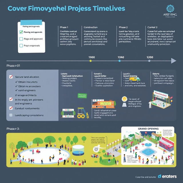 A detailed project timeline infographic illustrating a community skating rink and park development plan