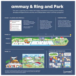 A detailed project timeline infographic illustrating a community skating rink and park development plan