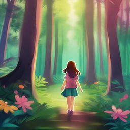 A high-quality digital art image showcasing a cute girl wandering in a lush, vibrant forest