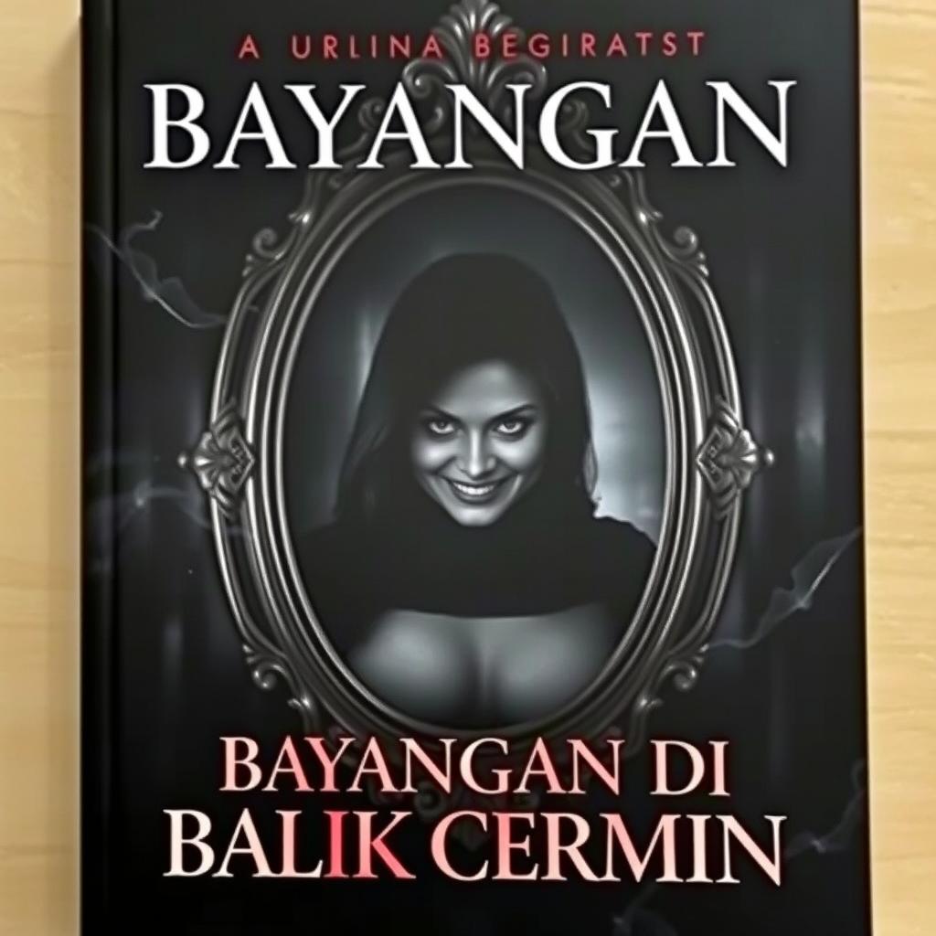 A visually striking book cover for 'Bayangan di Balik Cermin', featuring a large antique mirror as the central focus