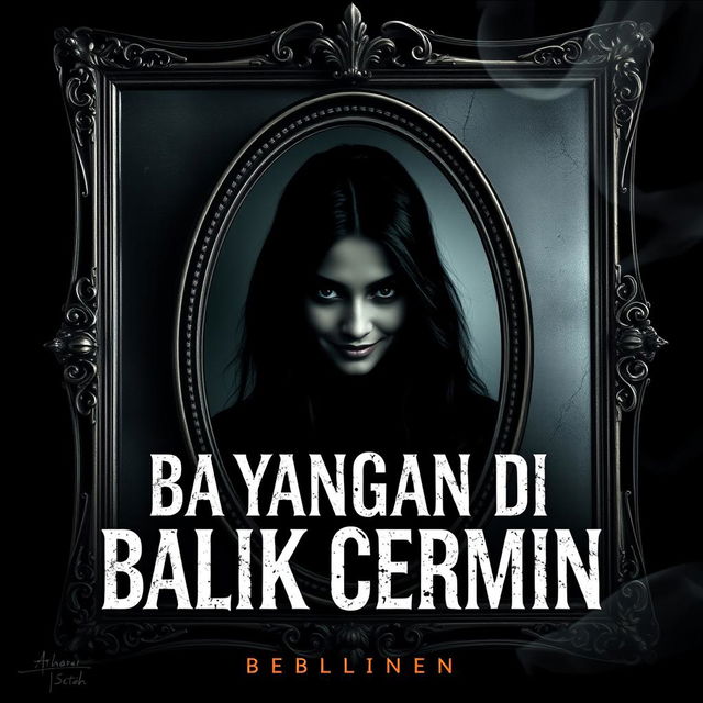 A visually striking book cover for 'Bayangan di Balik Cermin', featuring a large antique mirror as the central focus