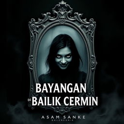 A visually striking book cover for 'Bayangan di Balik Cermin', featuring a large antique mirror as the central focus