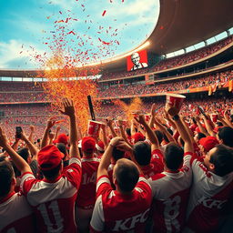 A wide-angle shot of a packed cricket stadium during an exciting moment in a match
