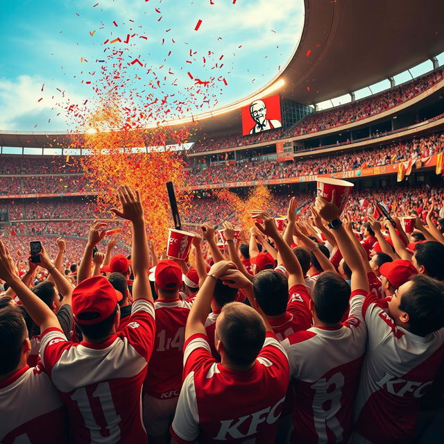 A wide-angle shot of a packed cricket stadium during an exciting moment in a match