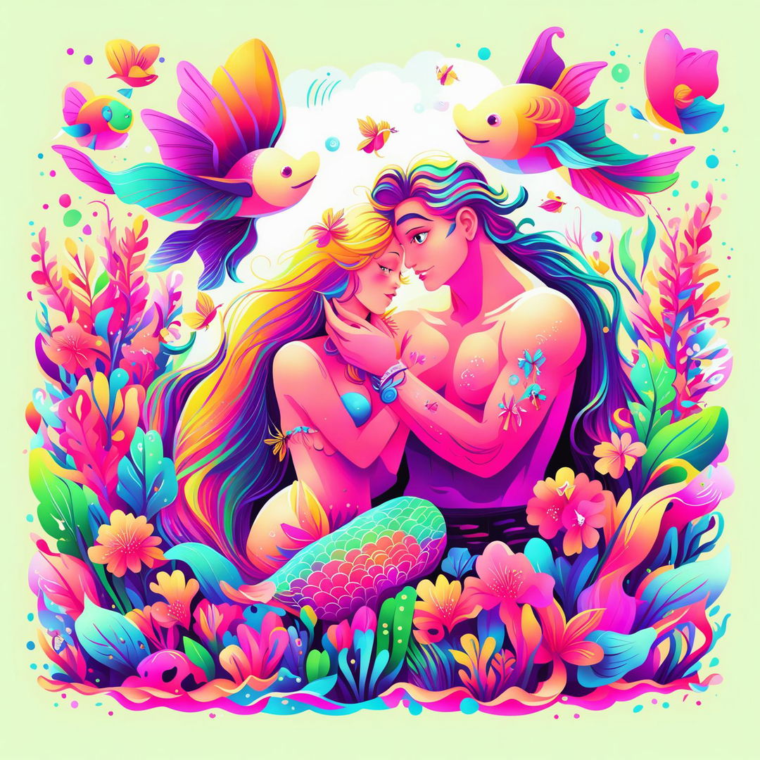 This is a digital art piece depicting a mermaid and a merman surrounded by a variety of emojis, including a butterfly, a potted plant, a pair of lips, a lipstick tube, and fairy wings