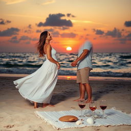 A romantic sunset beach scene, where a couple shares an intimate moment