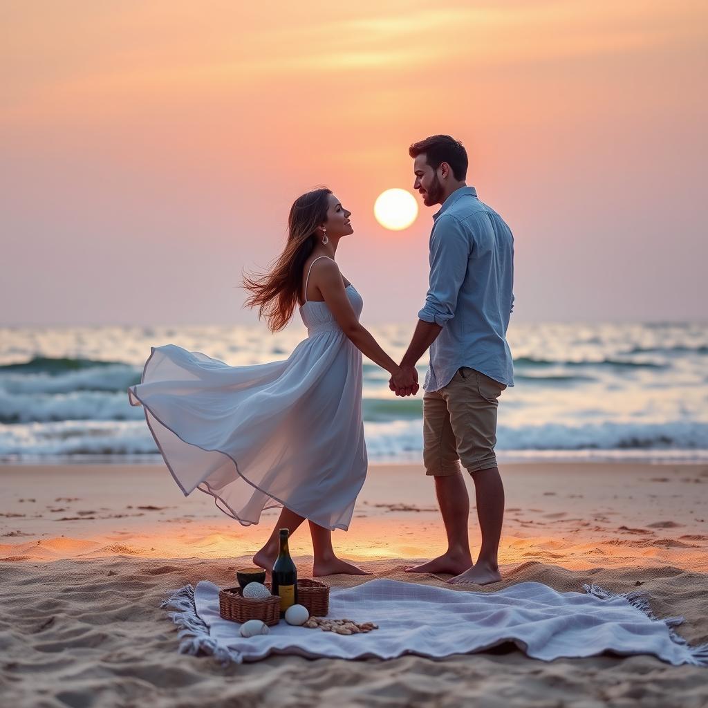 A romantic sunset beach scene, where a couple shares an intimate moment