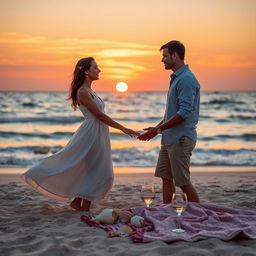 A romantic sunset beach scene, where a couple shares an intimate moment