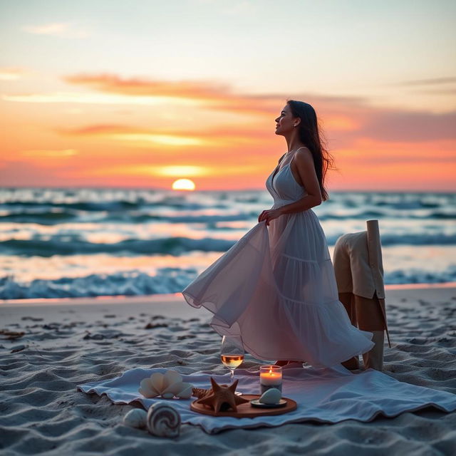 A romantic sunset beach scene, where a couple shares an intimate moment