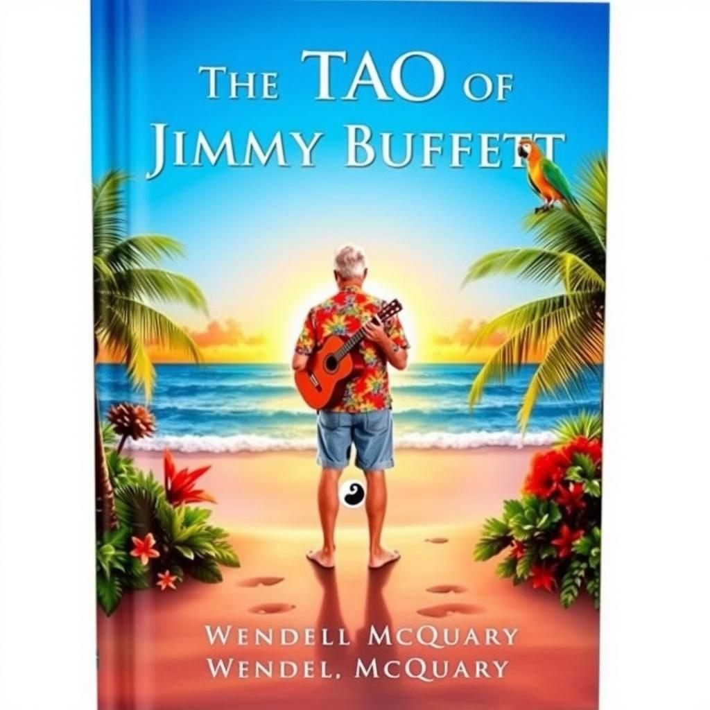 A beach scene, vibrant colors with palm trees and ocean waves, featuring a man in a Hawaiian shirt carrying a guitar over his shoulder