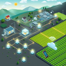 A detailed illustration depicting a modern wireless sensor network, showcasing various types of sensors such as temperature, humidity, motion, and light sensors